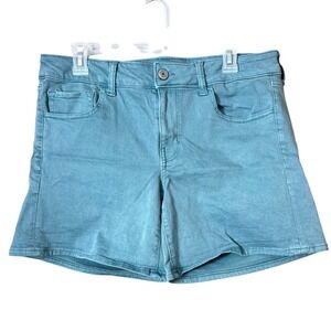 AEO Mid Twill Denim Shorts Teal Stretch Fabric Size 14 Summer Casual